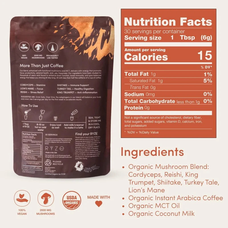 RYZE Mushroom Coffee 30 Servings Organic